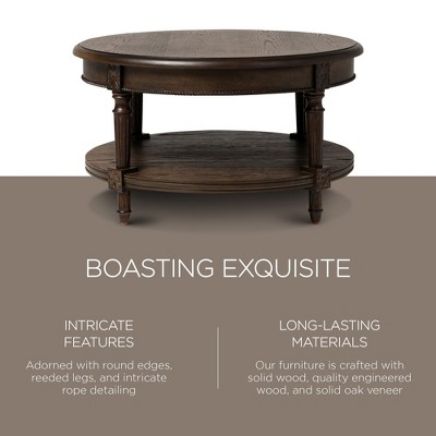 Antiqued Brown Round Wooden Coffee Table with Shelf Storage