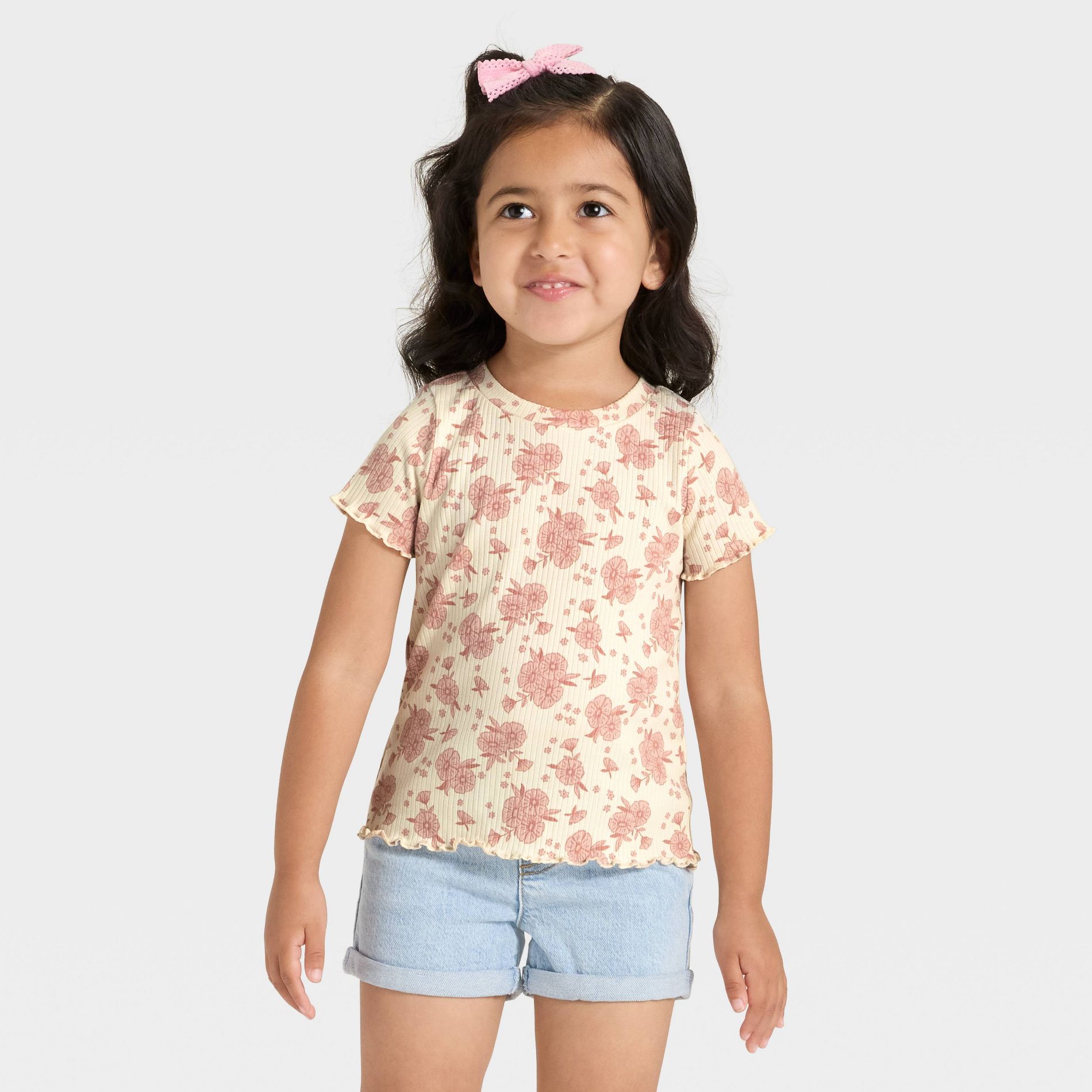 Toddler Girls' Short Sleeve Floral Ribbed T-Shirt - Cat & Jack™ Beige 3T