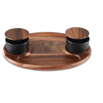 Kalmar Home Charcuterie/ Serving Tray w/ 2 black ceramic bowls w/ lids
