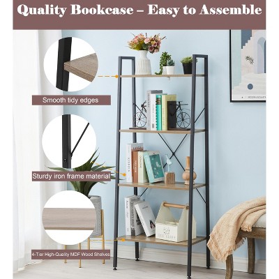Black Metal and Wood 4-Shelf Ladder Bookcase