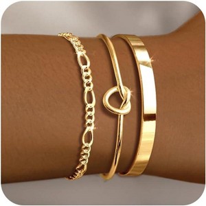 5 Piece Gold Bracelet Stack Set for Women with Bangle Cuff Paperclip and Chain Bracelets, Non Tarnish - 1 of 4