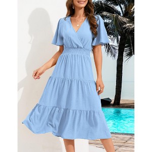 Women's Casual Wrap V Neck Midi Dress Short Sleeve Smocked Waist Tiered A Line Pleated Flowy Maxi Dress - 1 of 4