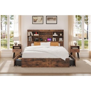 Bed Frame with Storage - Wood Bed with Tall Bookcase Headboard, 5 Storage Drawers & Charging Station, Noise-Free, No Box Spring Needed - 1 of 4