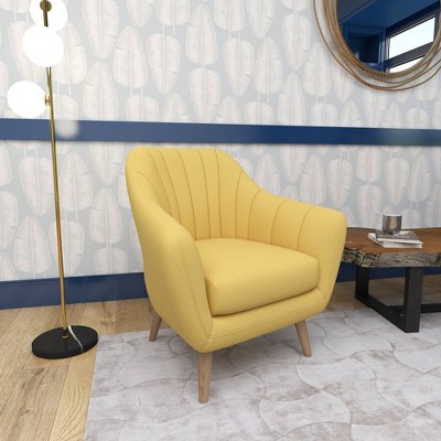 Yellow Velvet Barrel Accent Chair with Wood Legs