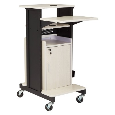 Premium Plus Presentation Lecture Podium Cart with Storage Cabinet Ivory Woodgrain/Black - Oklahoma Sound