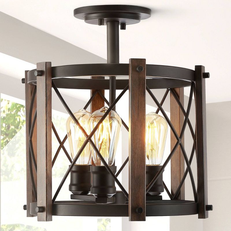 14&#34; 3-Light LED Adjustable Iron Ferme Rustic Farmhouse Pendant Brown/Oil Rubbed Bronze - JONATHAN Y, 1 of 5