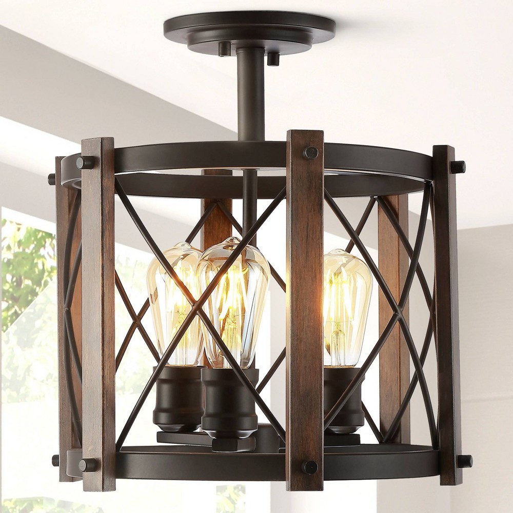 14" 3-Light LED Adjustable Iron Ferme Rustic Farmhouse Pendant Brown - JONATHAN Y: Industrial Entryway, Ceiling Fixture