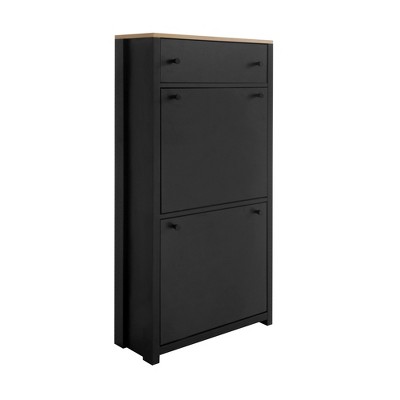 Vynxaria Black Slim Shoe Cabinet with 4 Flip Drawers and Wood Grain Top