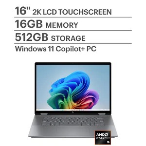 HP - OmniBook X Flip 2-in-1 - Copilot+ PC - 16" 2K Touch-Screen Laptop - AMD Ryzen AI 5 - 16GB Memory - 512GB SSD - Meteor Silver - 1 of 4