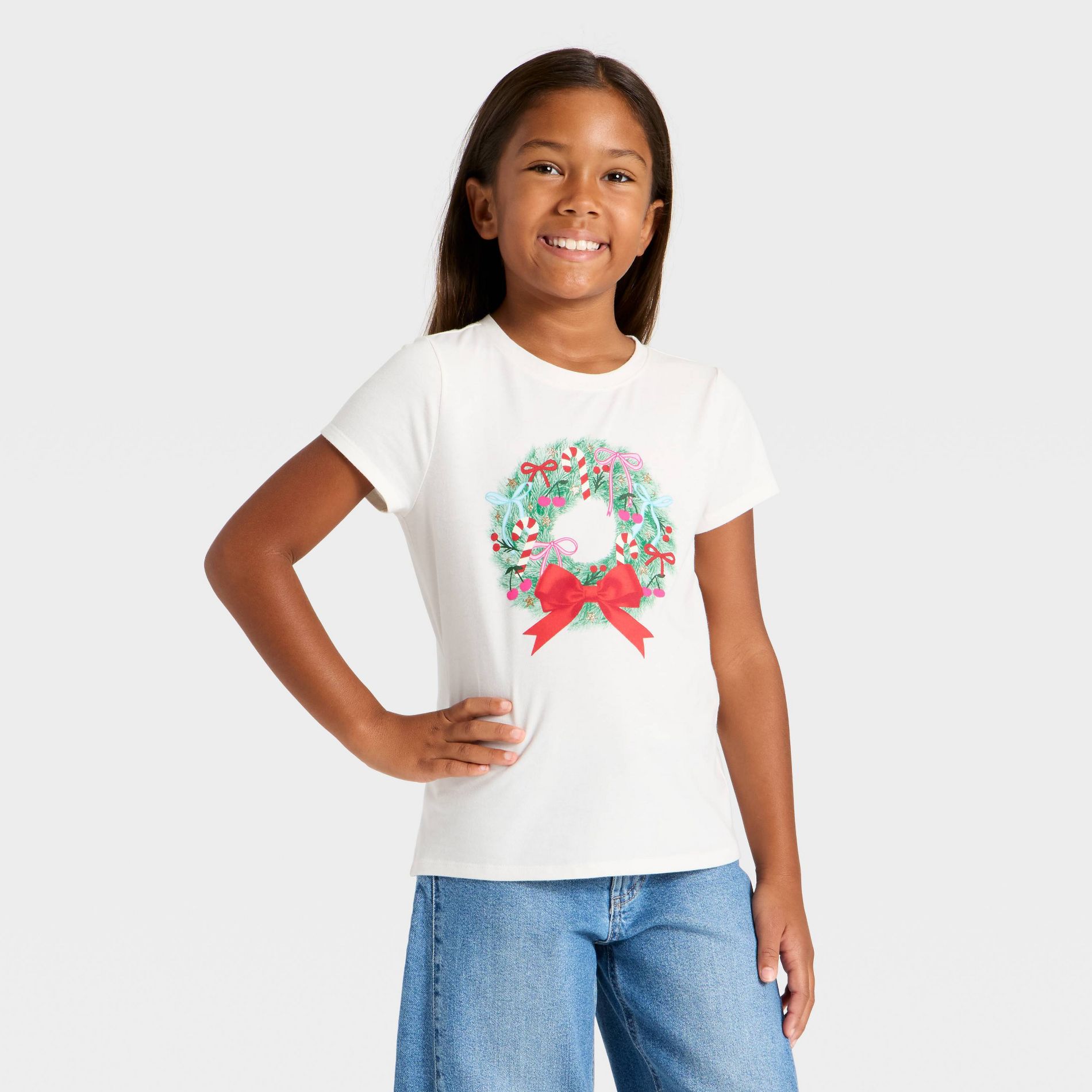 Girls' Short Sleeve Christmas 'Wreath' Graphic T-Shirt- Cat & Jack™ Cream