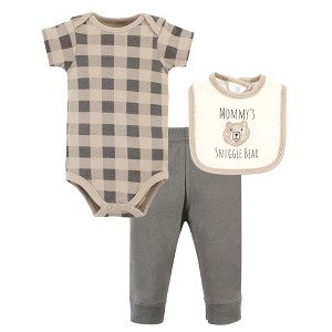 Hudson Baby Cotton Bodysuit, Pant and Bib Set, Snuggle Bear - 1 of 4