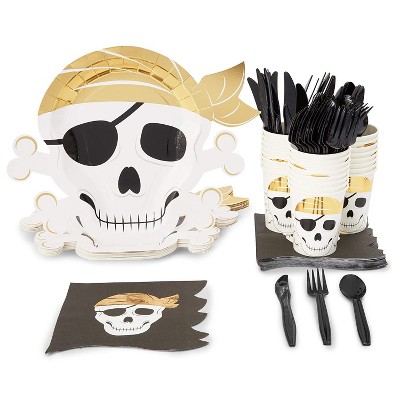 Blue Panda Serves 24 Pirate Theme Party Supplies, 144pcs Skull Disposable Paper Dinner Plates, Napkins, Cups and Cutlery Set for Kids Birthday