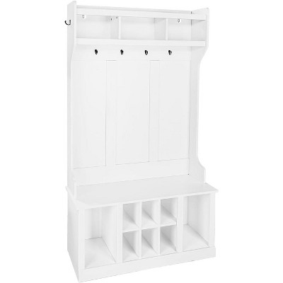 Multi-Functional Hall Tree, Entryway Bench with Storage Cabinet & 8 Shoe Cubes, Includes Top Shelf & 6 Coat Hooks, White Design