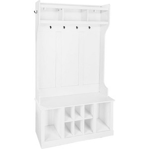 Multi-Functional Hall Tree, Entryway Bench with Storage Cabinet & 8 Shoe Cubes, Includes Top Shelf & 6 Coat Hooks, White Design - 1 of 4