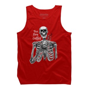 Men's Design By Humans Halloween skeleton drinking coffee. But first coffee By melazergDesign Tank Top - 1 of 2