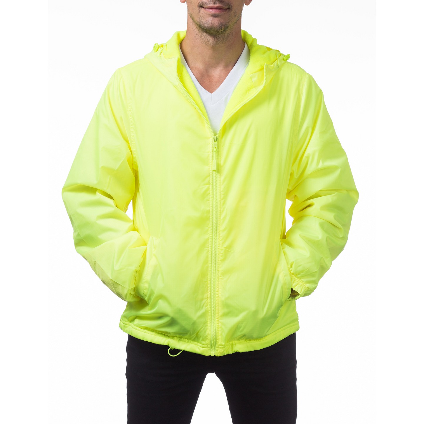 Pro Club Fleece Lined Lightweight Hooded Parka Windbreaker Jacket - Safety Green - Small — фото 1