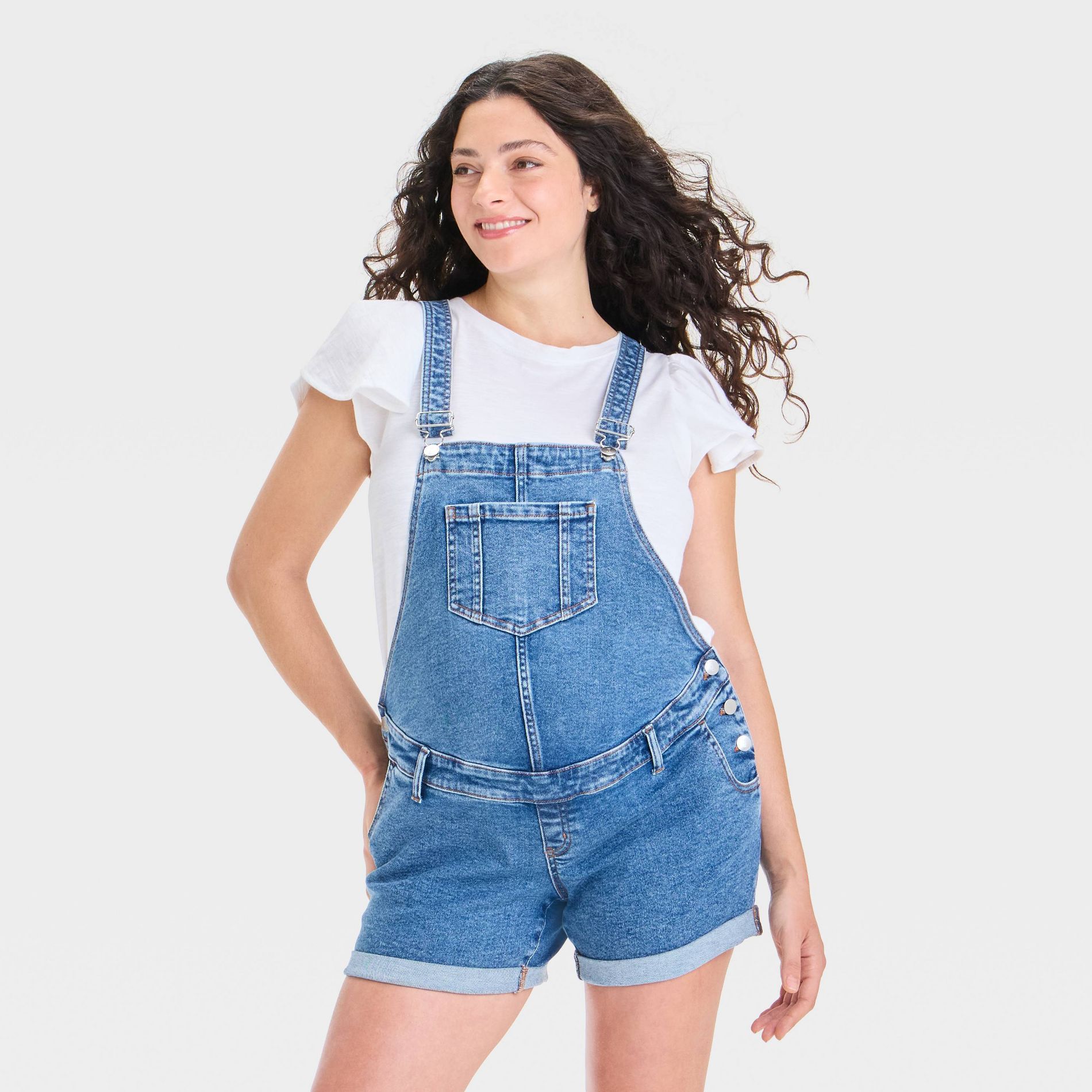 Mini Maternity Overalls - Isabel Maternity by Ingrid & Isabel™ Medium Wash 6: Denim, Side Buckle, Front Pocket