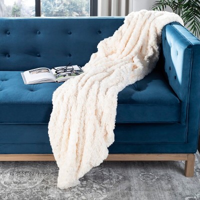 Cream Faux Fur Geometric Throw Blanket 50" x 60"