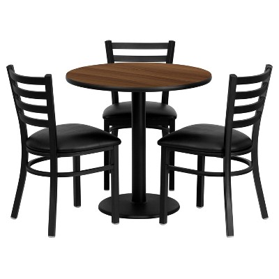 Emma and Oliver 30" Round Walnut Laminate Table Set, 3 Ladder Back Metal Chairs