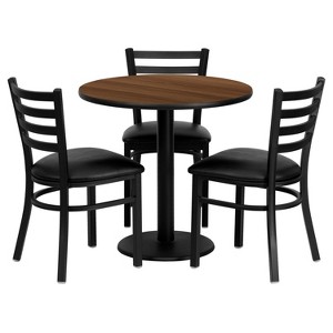 Emma and Oliver 30" Round Walnut Laminate Table Set, 3 Ladder Back Metal Chairs - 1 of 2