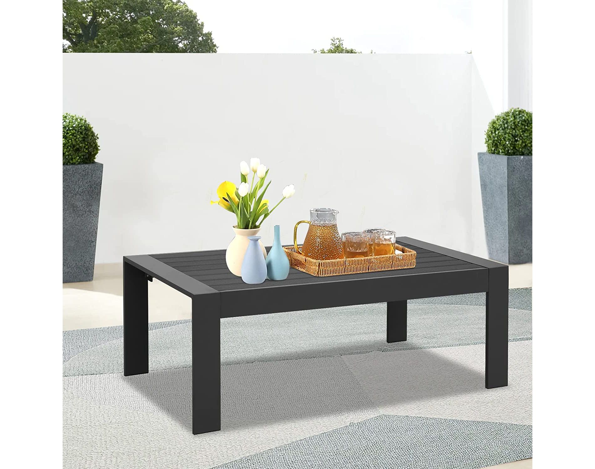 Heynemo Aluminum Outdoor Patio Furniture Coffee Table, All-Weather Metal Coffee Table, Modern Rectangle Coffee Table for Balcony, Garden, Dark Grey