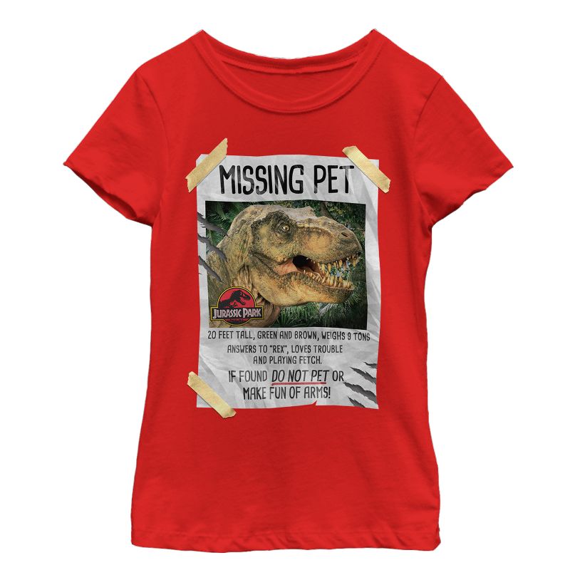 Girl's Jurassic Park T. Rex Missing Pet T-Shirt, 1 of 5