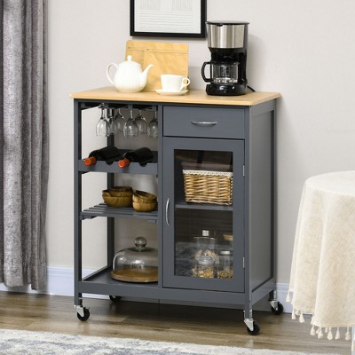VYNXARIA Rolling Kitchen Island with Storage, Kitchen Cart with 4-bottle Wine Rack, Bar Cart with Stemware Holder, Shelves, Drawer and Cabinet, Gray