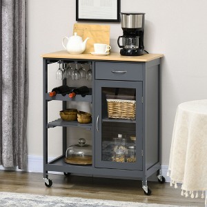 VYNXARIA Rolling Kitchen Island with Storage, Kitchen Cart with 4-bottle Wine Rack, Bar Cart with Stemware Holder, Shelves, Drawer and Cabinet, Gray - 1 of 4