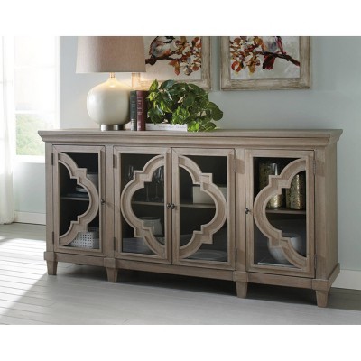 Transitional Quatrefoil 76" Gray 4-Door Accent Cabinet
