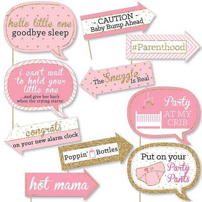 Big Dot of Happiness Funny Pink and Gold - Hello Little One - Girl Baby Shower Photo Booth Props Kit - 10 Piece