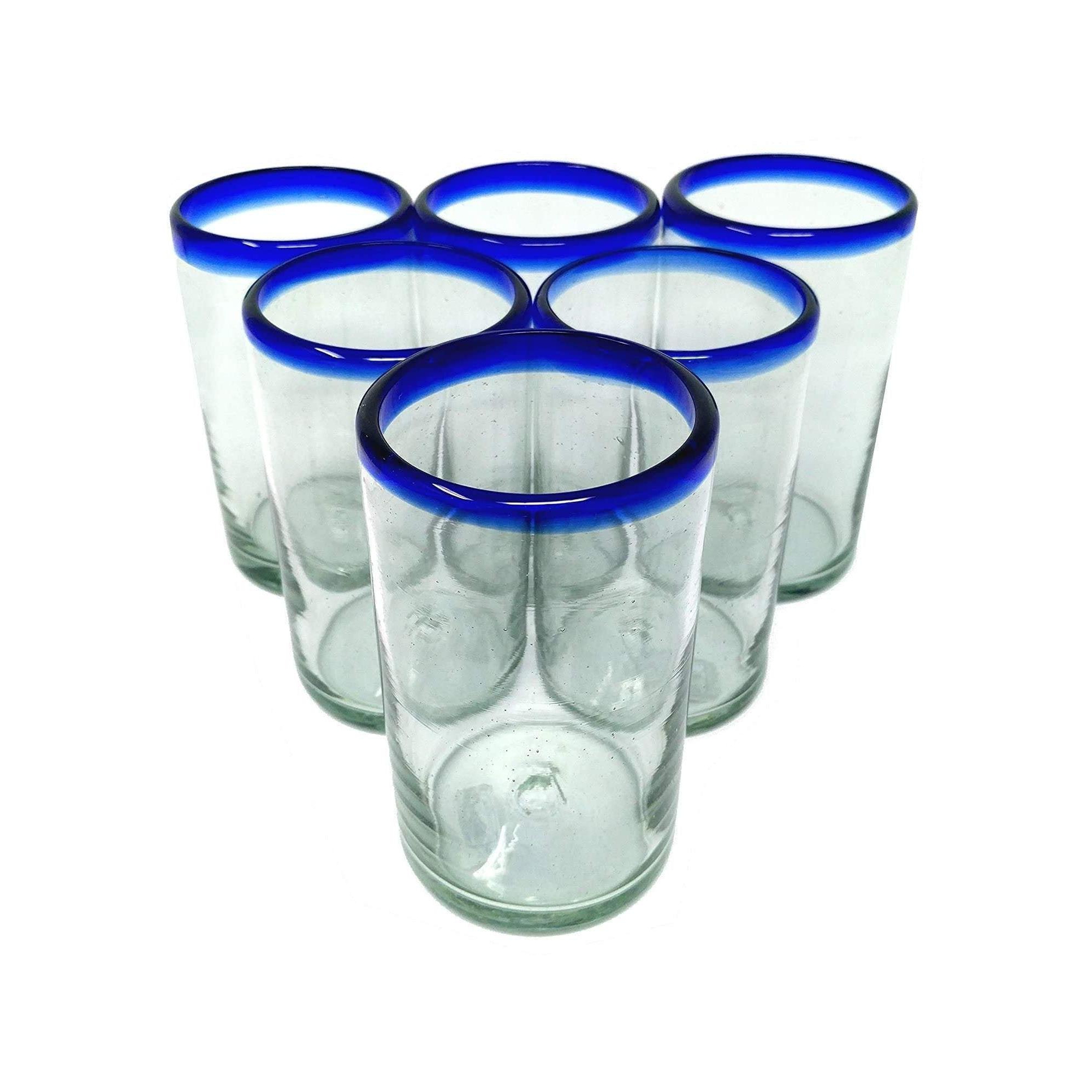 Dos Sueños Mexican Hand Blown Drinking Glasses - Blue Rim - 14oz - Set of 6