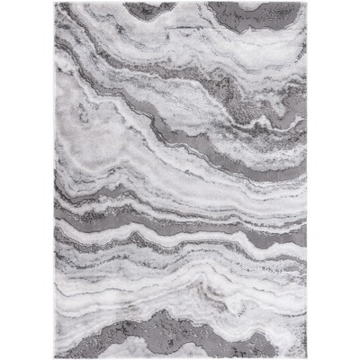 Grey and Dark Grey Abstract Synthetic Rectangular Area Rug, 6'7" x 9'