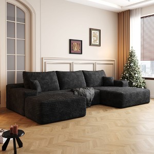 107" Cloud Sectional Sofa with 1 Ottoman,Modern Minimalist Upholstered Couches,Comfort U Shaped Sofa,Black (Plush Corduroy Fabric) - 1 of 4