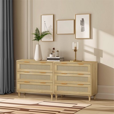 2 pcs Rattan Dresser For Bedroom with 3 Drawer, Dressers & Chests Of Drawers, Storage Dresser Chest Cabinet Organizer for Bedroom Living Room Hallway