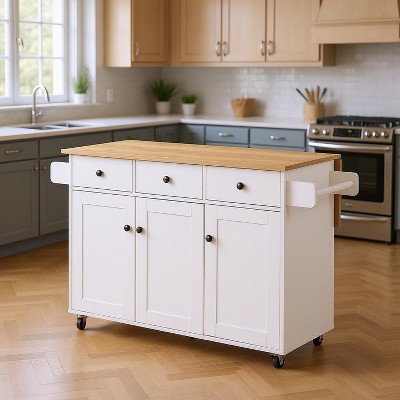 FurnitureR Mobile Kitchen Island Cart with Folding Drop Leaf, 45.3" Wide Kitchen Storage Cabinet on Wheels, Rolling Space-Saving Prep Table, White