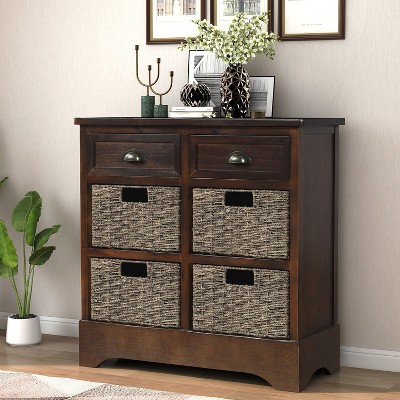 KTMBDW Storage Cabinet Rustic Storage Organizer with 2 Drawers and 4 Classic Rattan Basket for Dining Room, Living Room