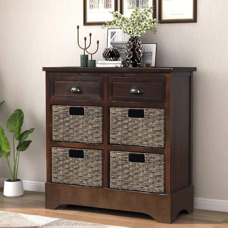 Modernluxe Dining Room/Living Room Storage Cabinet with Two Drawers and Four Classic Rattan Basket-Rustic, 2 of 10