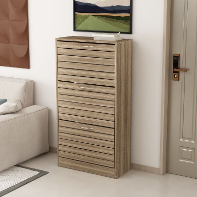 Brown Wood Grain 3-Tier Shoe Storage Rack with Metal Handles