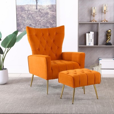 KTMBDW Modern Accent Chair with Ottoman, Boucle Armchair and Footstool, Lounge Reading Chair with Golden Metal Legs for Living Room Bedroom