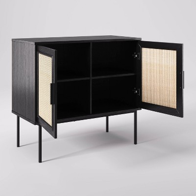 Emmet Black and Natural Wood Sideboard Buffet with Cane Doors