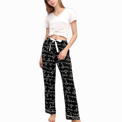 Anna-Kaci Lounge Women's Short Sleeve V-Neck Pajama Set with Script Print Lounge Pants and Drawstring Waistband