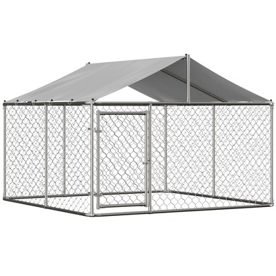 Outside Dog Kennel with Roof, Galvanized Steel Pet Enclosure Chain Link Dog House (90"D x 90"W x 65"H)