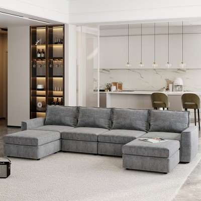 115" 6-Seat Chenille Modular U-Shaped Sectional Sofa with Ottoman, Free Combination