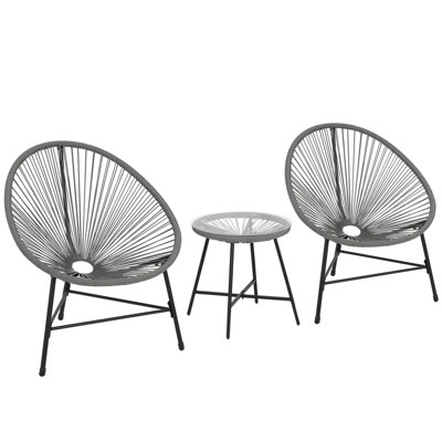 Acapulco Chair 3-Piece Patio Set, All-Weather Wicker Bistro Furniture with Plastic Rope, Glass Table & 2 Armchairs for Outdoor Porch