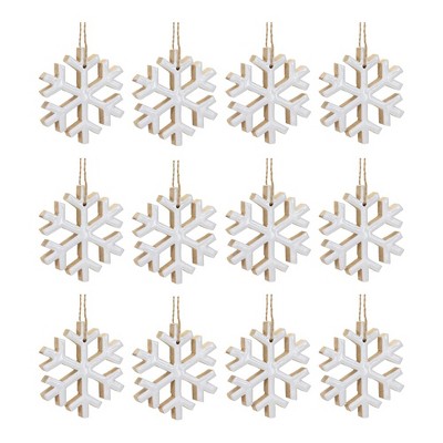 White Wood Snowflake Ornaments with Jute Hanger, Set of 12