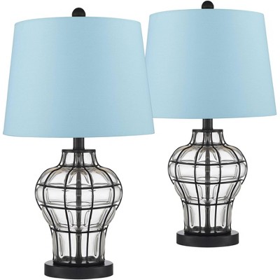 360 Lighting Hudson Rustic Table Lamps 23" High Set of 2 Bronze Metal Glass Blue Hardback Linen Drum Shade for Bedroom Living Room Bedside Nightstand