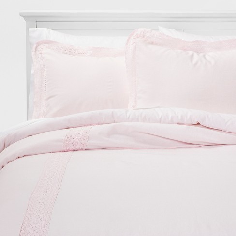Pink Crochet Trim Linen Blend Comforter Set Full Queen 3 Pc