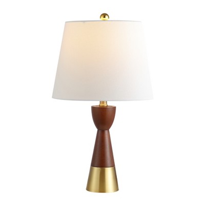 Elegant Geometric Brown and Brass Gold Table Lamp Set with White Linen Shade