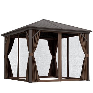 Outsunny 10' x 10' Hardtop Gazebo with Aluminum Frame, Permanent Metal Roof Gazebo Canopy with Curtains and Netting for Garden, Backyard, Dark Brown - 1 of 4