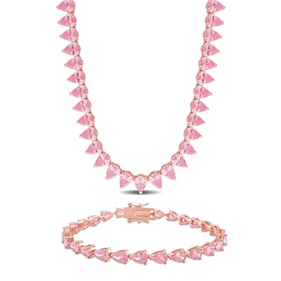 EVERLY JEWELRY | Rose Plated Sterling Silver 58ct TGW Created Pink Sapphire Tennis Necklace and Bracelet 2-Piece Set